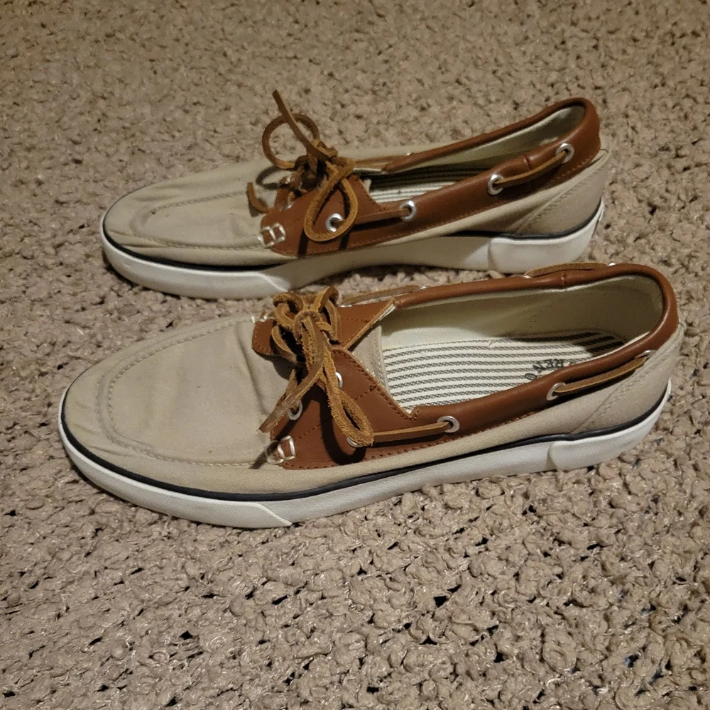 MENS RALPH LAUREN POLO RYLANDER BOAT CANVAS LEATHER UPPER SHOES KHAKI SZ 9.5D